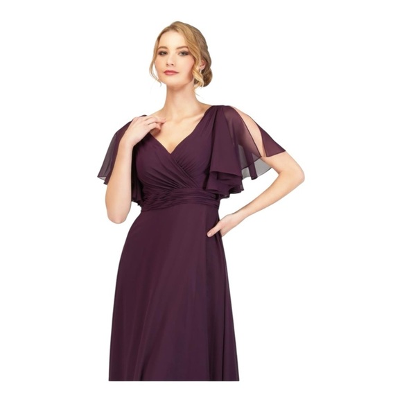 Abby Paris A-Line Sheer Chiffon V-Neck Drape Sleeves Formal Gown - Plum NWT - Picture 3 of 8
